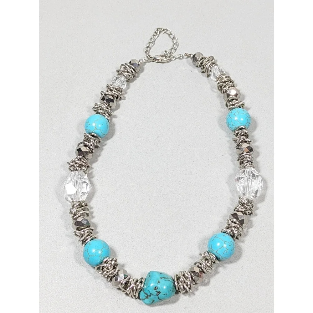 Beachy Coastal Blue Stone Faux Turquoise Bold Beaded Necklace 20‎ inch